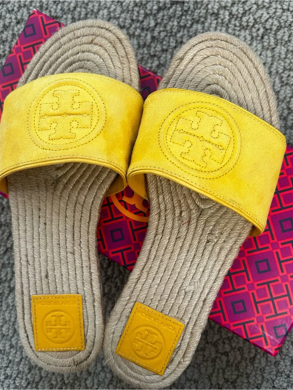 Tory Burch Yellow Suede Benton Espadrille Slide Sandals Size 7.5